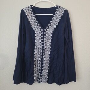 Michael Kors Blouse Women's Small Navy Blue Embroidered V-Neck Boho Chic Flowy